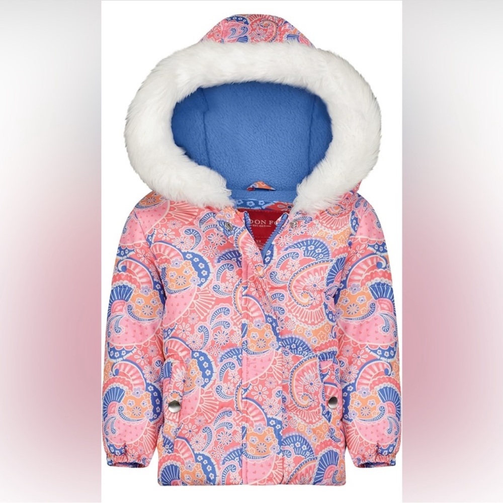 London Fog Pink and Blue Swirl Puffer Jacket with Faux Fur Hood